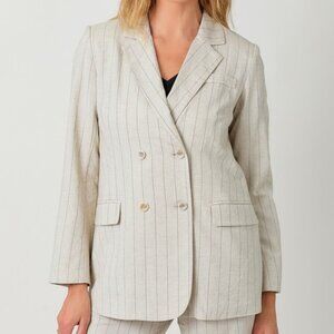 Mystree Linen Cotton Blend Oatmeal Pinstripe Double Breasted Blazer Neutral